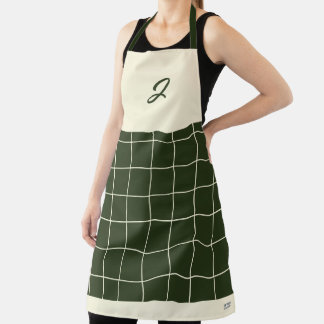 Olive Cream Grid Square Pattern Monogram Initial Apron