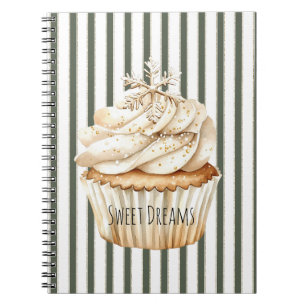 Olive Cream Stripes Snowflake Cupcake Christmas Notebook
