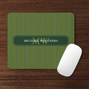 Olive & Dark Green Stripes Your Name and Initials Mouse Pad