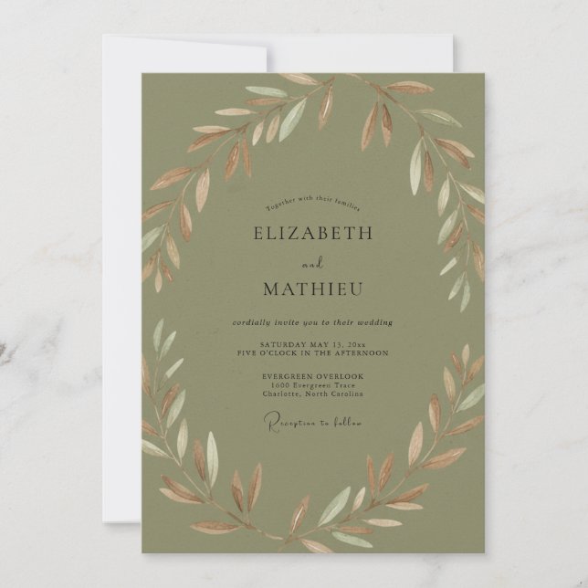 Olive Dusty Terracotta Leafy Wedding Invitation (Front)