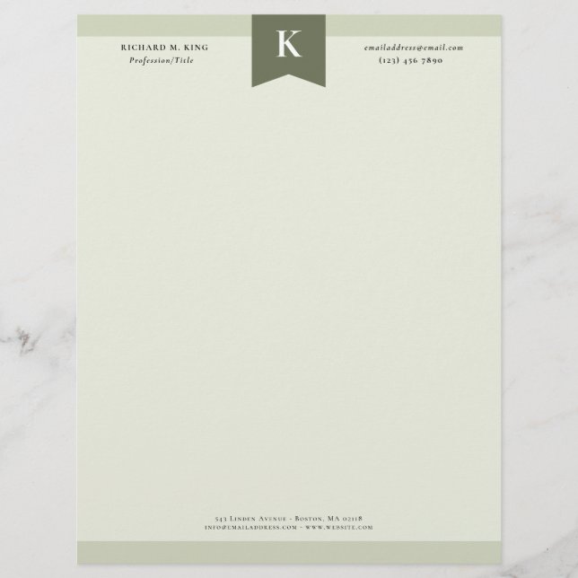 Olive Elegant Bold Monogram Contact Info Custom Letterhead (Front)