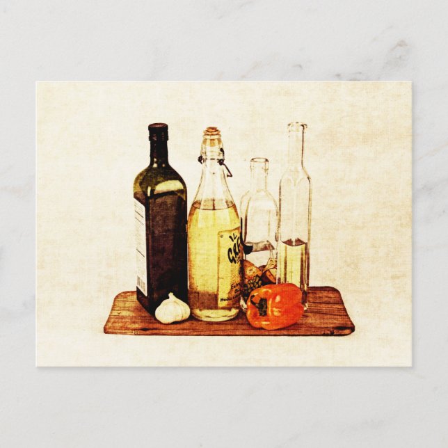 Olive evoo oil bottles and veggies postcard (Front)