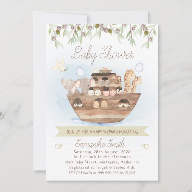 Olive Foliage Noah's Ark Boys Baby Shower Invitation (Front)
