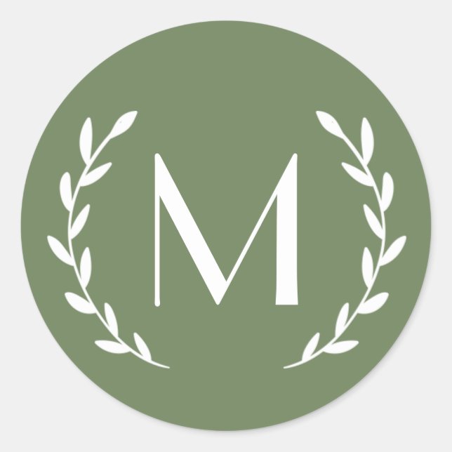 Olive Forest Green Laurel Monogram Letter Initial Classic Round Sticker (Front)