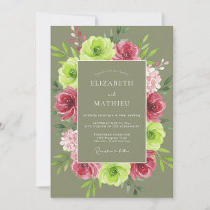 Olive Fuchsia Wreath Wedding Invitation