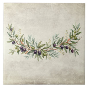 Olive Garland Mediterrean Watercolors Rustic Ceramic Tile