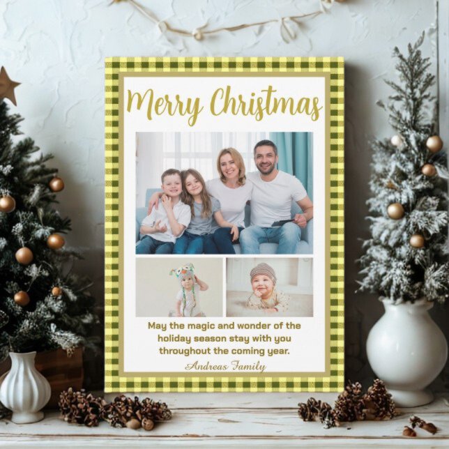 Olive Gingham Plaid 3 Photo Christmas Holiday Card (Creator Uploaded)