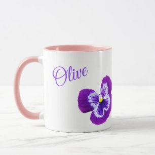 "Olive" Girls Name With Purple Pansies, Mug