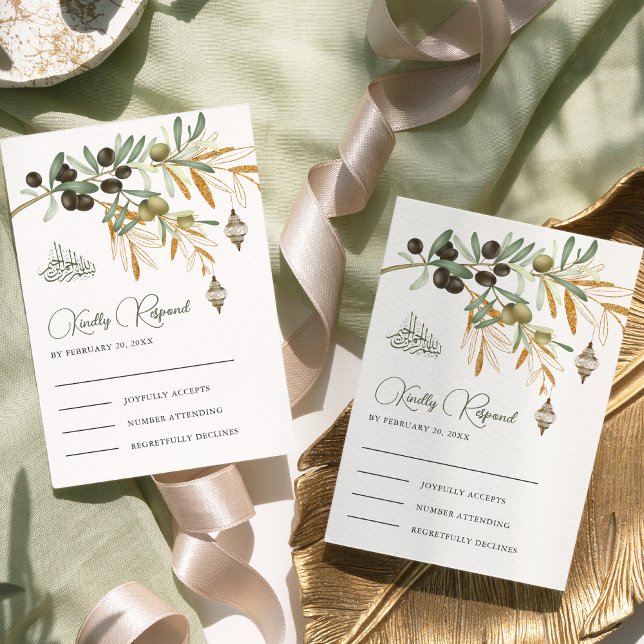 Olive Gold Branch Arabian Lantern Islamic Wedding RSVP Card (Creator Uploaded)