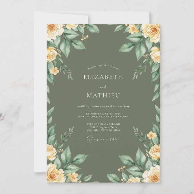 Olive Gold Peony Wedding Invitation (Front)