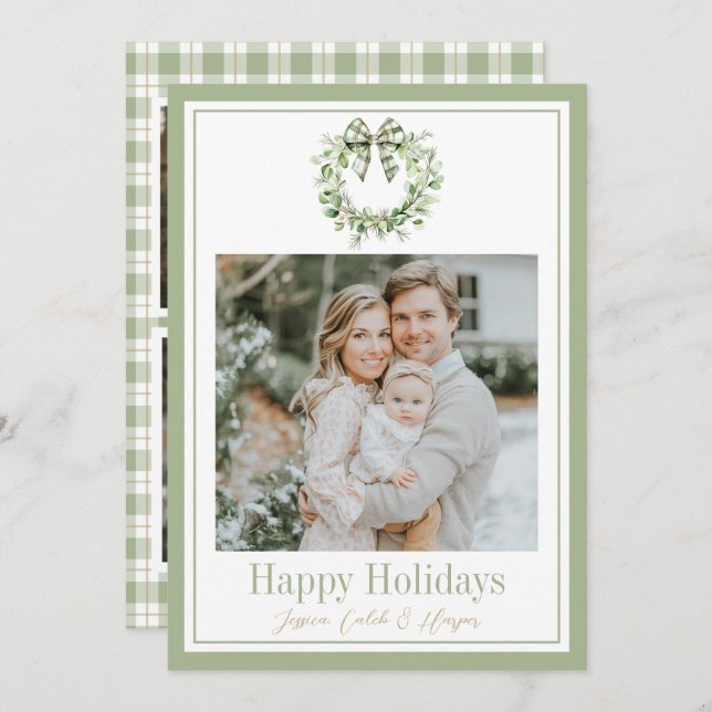 Olive Gold Plaid Wreath Preppy Bow Christmas Card (Front/Back)