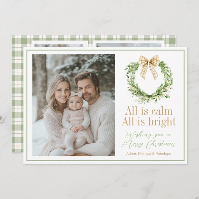 Olive Gold Plaid Wreath Preppy Bow Christmas Card (Front/Back)