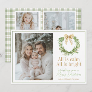 Olive Gold Plaid Wreath Preppy Bow Christmas Card
