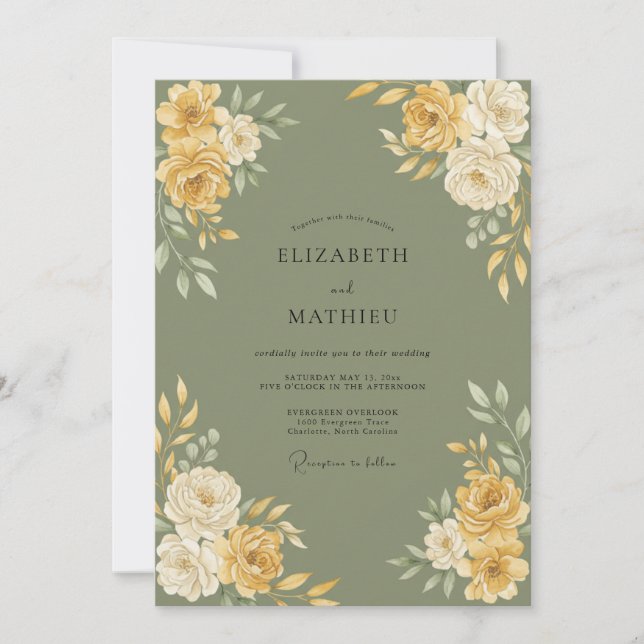 Olive Gold Ranunculus Eucalyptus Wedding Invitation (Front)