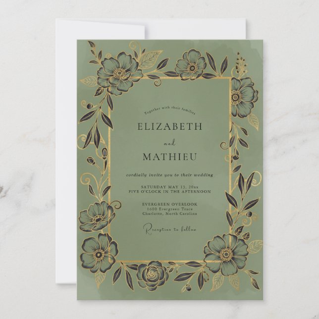 Olive Gold Vine Wedding Invitation (Front)