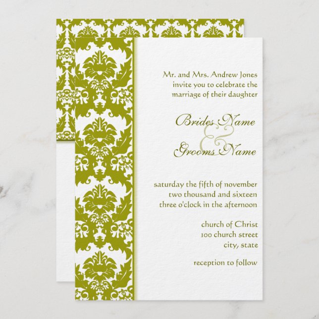 Olive Golden Lime Damask Wedding Invitations (Front/Back)