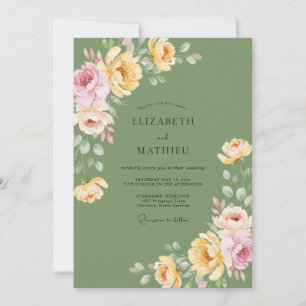 Olive Golden Ranunculus Eucalyptus Wedding Invitation