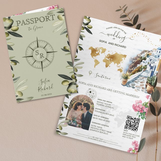 Olive Greece Destination Wedding Passport QR Code  Invitation (watercolor olive branches greenery passport wedding invitation with compas)