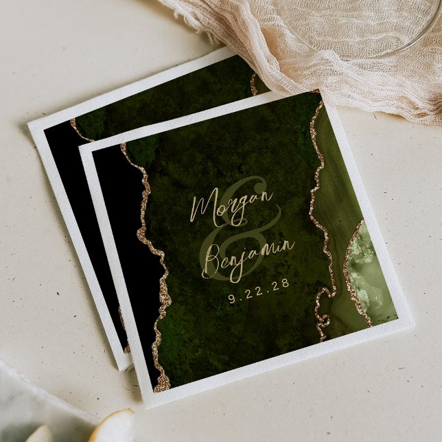 Olive Green Agate Gold Script Wedding Napkin (Creator Uploaded)