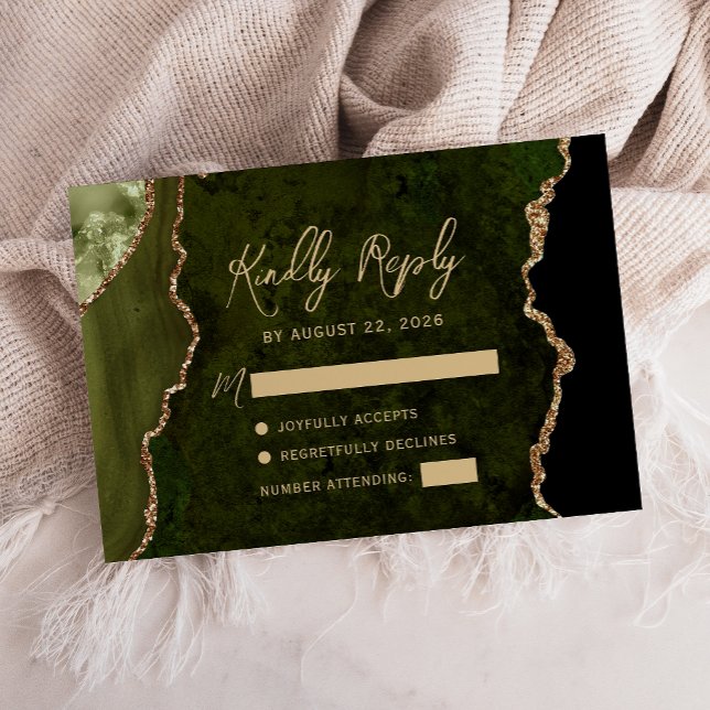 Olive Green Agate Gold Script Wedding RSVP Card (Creator Uploaded)