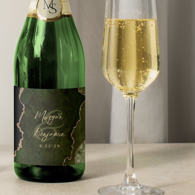 Olive Green Agate Gold Script Wedding Sparkling Wine Label (Creator Uploaded)