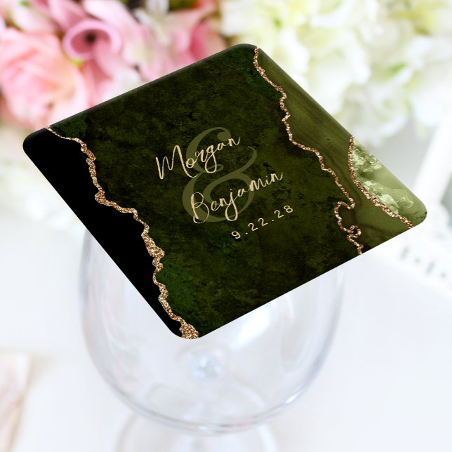 Olive Green Agate Gold Script Wedding Square Paper Coaster (Creator Uploaded)