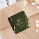 Olive Green Agate Gold Script Wedding Square Sticker<br><div class="desc">These elegant modern wedding stickers feature an olive green watercolor agate geode background trimmed with faux gold glitter. Personalise them with the names of the couple in gold-coloured handwriting calligraphy over a large ampersand,  and the wedding date in copperplate font.</div>