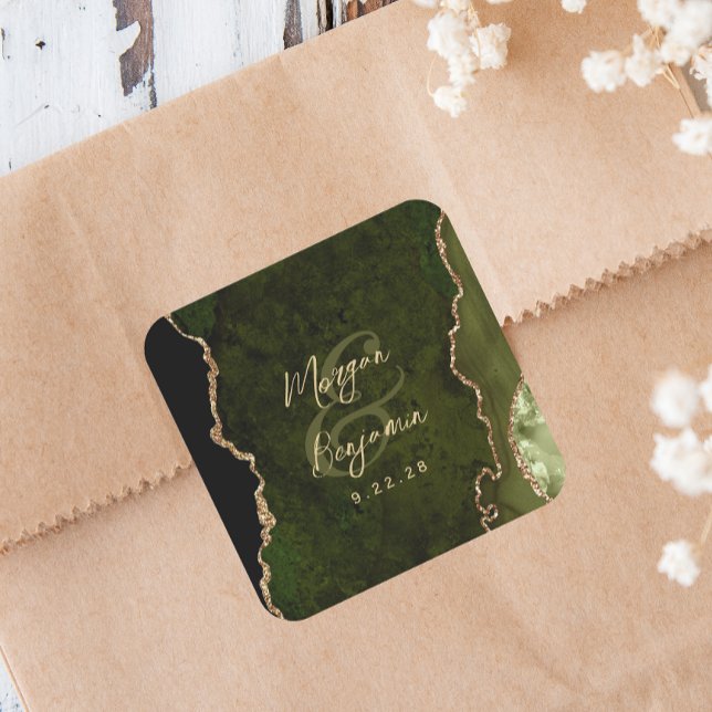Olive Green Agate Gold Script Wedding Square Sticker (Creator Uploaded)