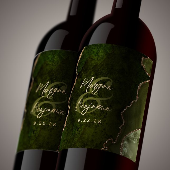 Olive Green Agate Gold Script Wedding Wine Label (Creator Uploaded)