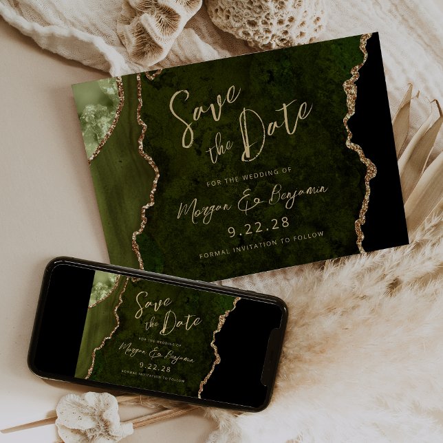 Olive Green Agate Script Wedding Save the Date (Creator Uploaded)