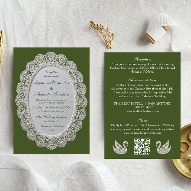 Olive Green All In One QR Code Lace Wedding Invitation (Creator Uploaded)