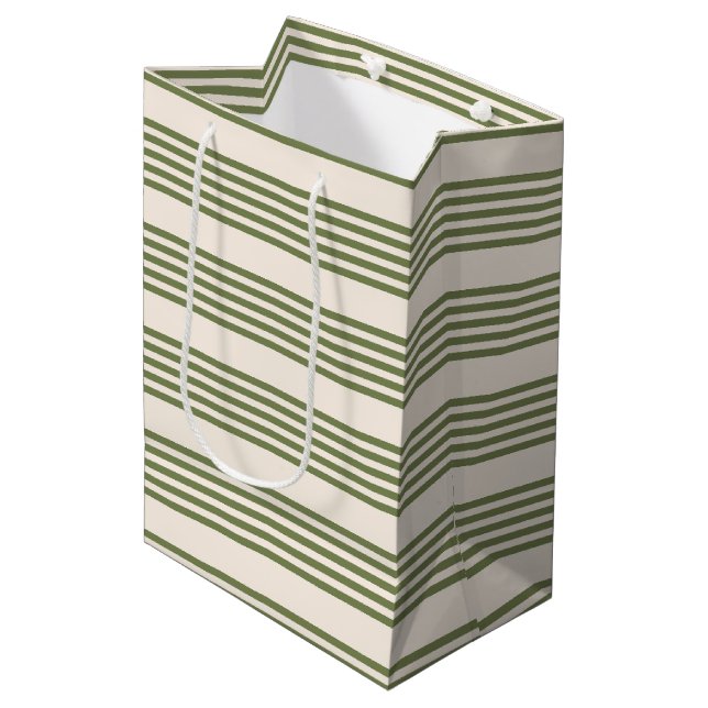 Olive green and beige five stripes pattern medium gift bag (Front Angled)