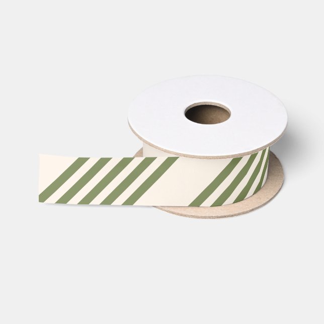 Olive green and beige five stripes pattern satin ribbon (Spool)
