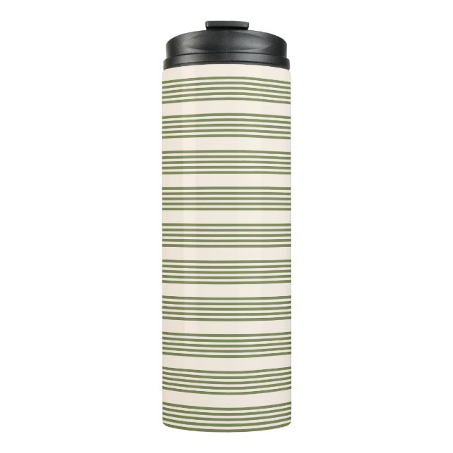 Olive green and beige five stripes pattern thermal tumbler (Front)