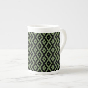 Olive green and black diamond pattern bone china mug
