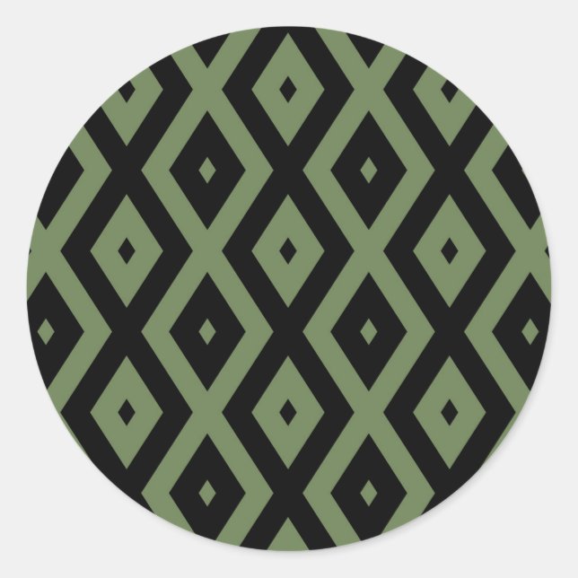 Olive green and black diamond pattern classic round sticker (Front)