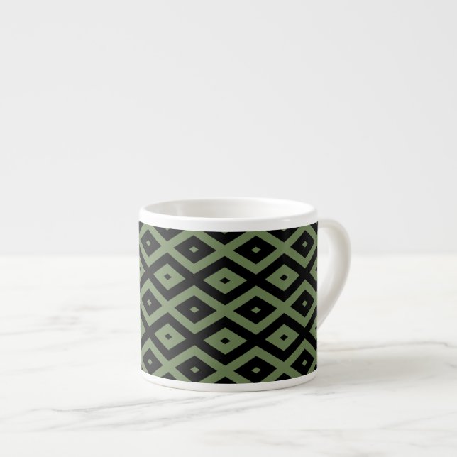 Olive green and black diamond pattern espresso cup (Front Right)