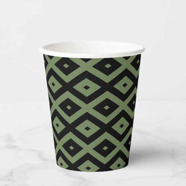 Olive green and black diamond pattern paper cups (Front)