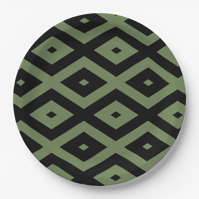 Olive green and black diamond pattern paper plate (Front)