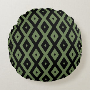 Olive green and black diamond pattern round cushion