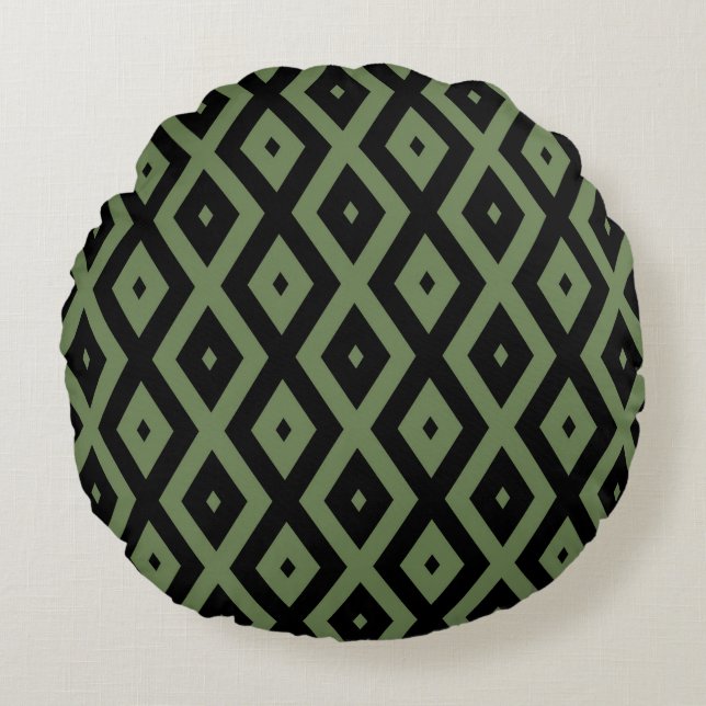 Olive green and black diamond pattern round cushion (Front)