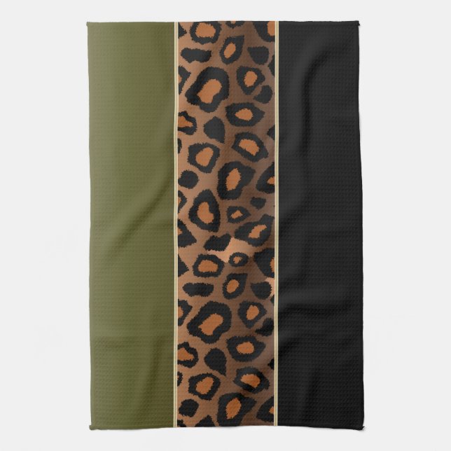 Olive Green and Black Leopard Animal Print Tea Towel (Vertical)