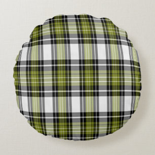 Olive Green And Black Plaid Round Cushion