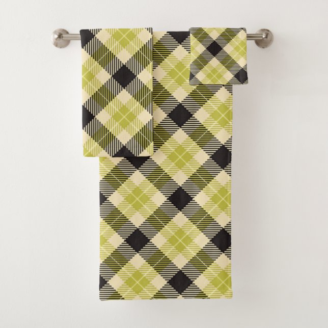 Olive Green and Black Tartan Plaid Bath Towel Set (Insitu)