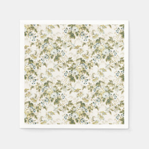 Olive Green and Blue Chintz on White Napkin