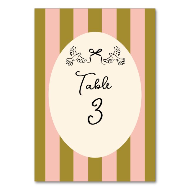 Olive Green and Blush Pink Striped Wedding  Table Number (Front)