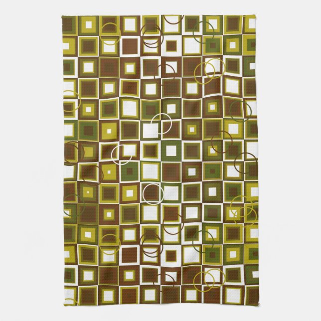 Olive Green and Brown Geometric Square Pattern Tea Towel (Vertical)