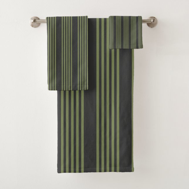 Olive green and charcoal five stripes pattern bath towel set (Insitu)