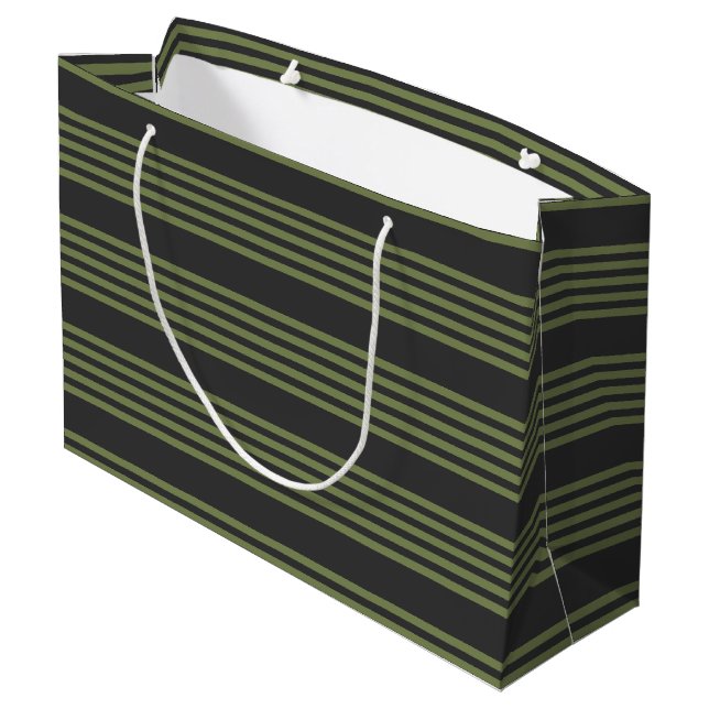Olive green and charcoal five stripes pattern large gift bag (Back Angled)