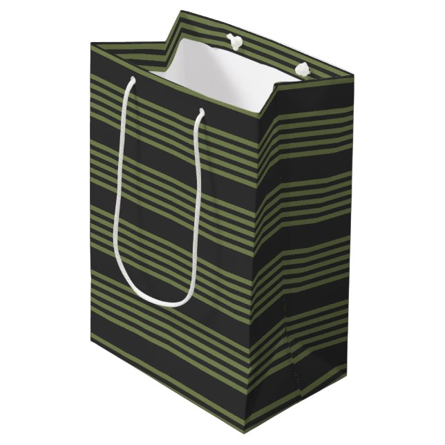 Olive green and charcoal five stripes pattern medium gift bag (Front Angled)